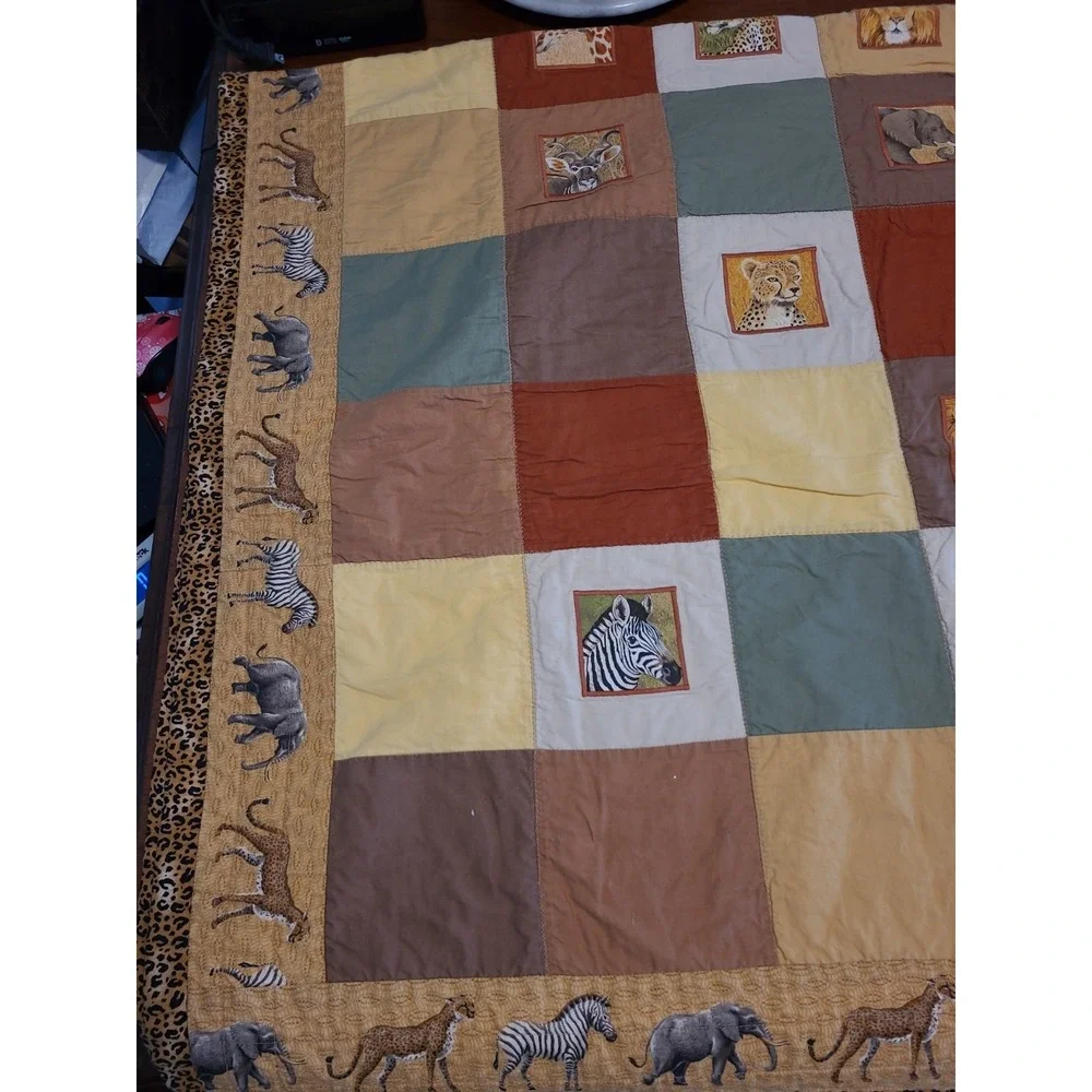 Handmade Quilt African Themed 70x48 Elephants Zebra Lion Cheetah Giraffe
